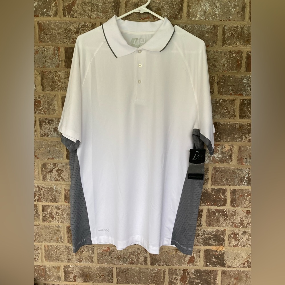 Russell Athletic Dri-Power Short Sleeve Polo Size Large white Gray Training Fit